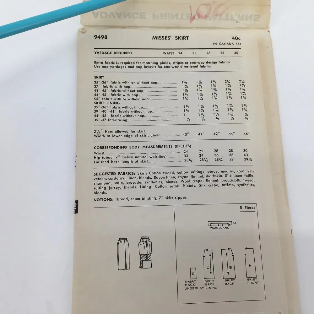 Vintage Advance Sewing Pattern 9498 Bishop Method Misses Skirt Waist 30 UNCUT